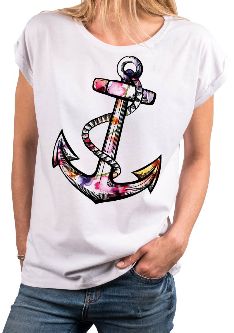 Vintage Blumen Anker Shirt Boho Grafik Oversize Große Größen Weiß Rosa Grau von MakayaShirts