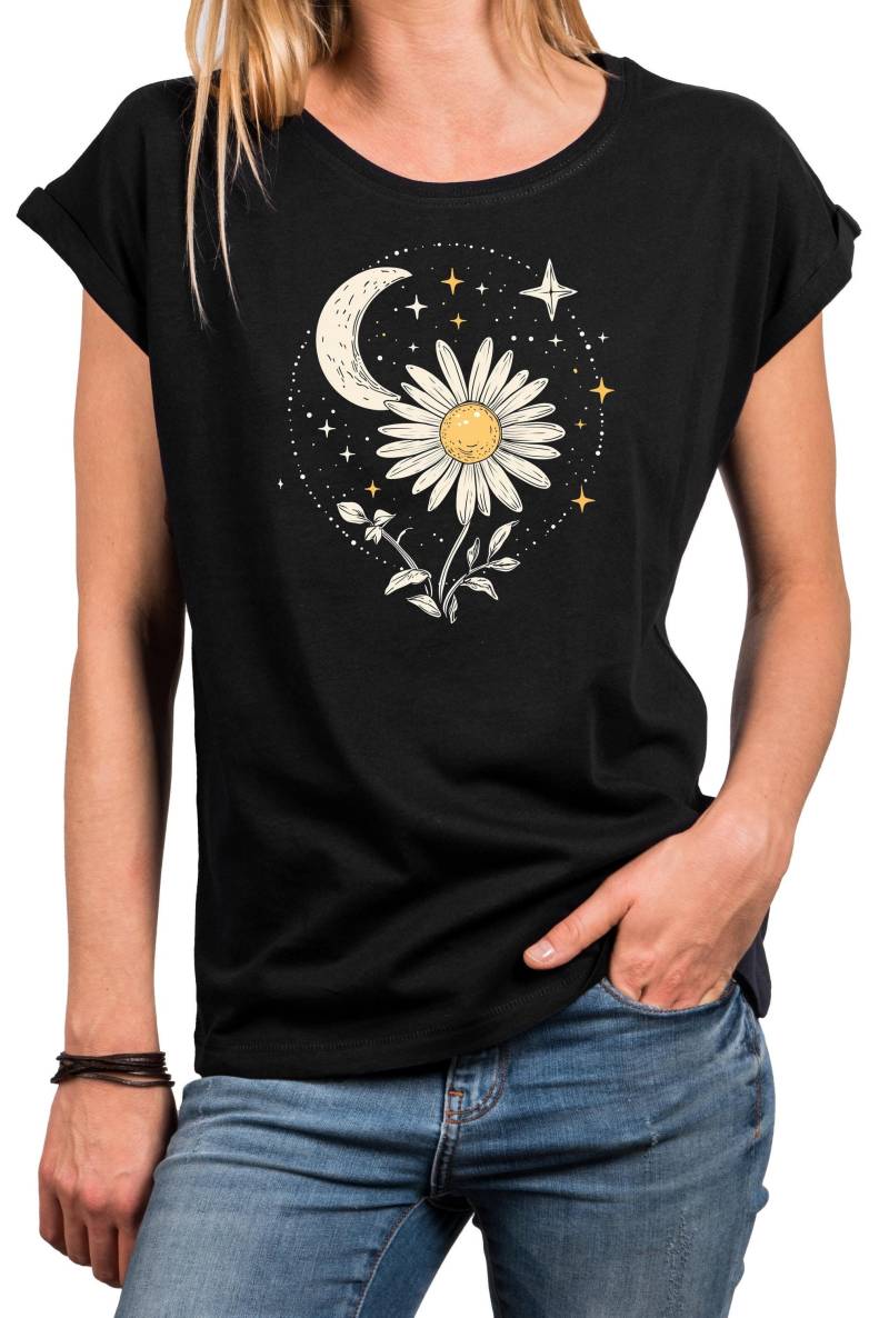 Vintage Blumen Shirt Für Damen - Mond Und Sterne Motiv Boho Style Butterblume Blumenmotiv Blumenshirt Große Größen Xs-5Xl von MakayaShirts