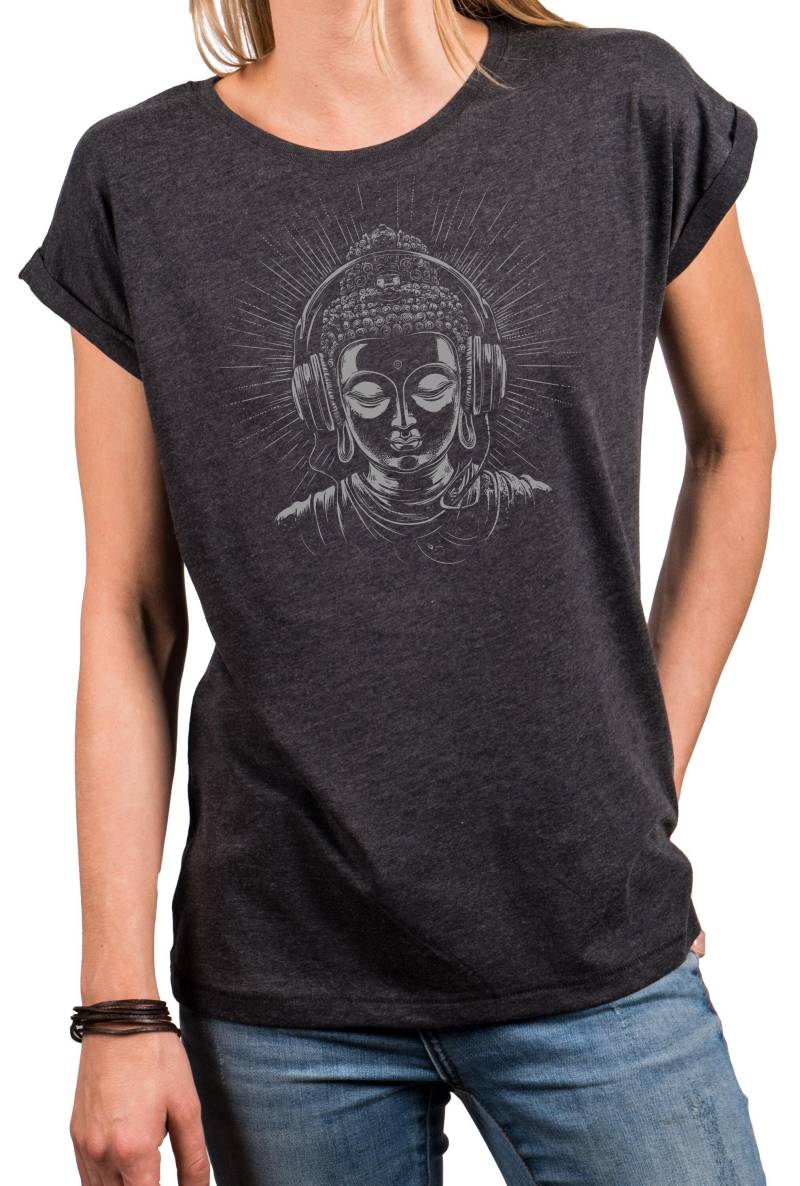 Vintage Damen Shirt Mit Buddha Statue - Kopfhörer Motiv Boho Style Buddhismus Print Kurzarm Sommer Top Große Größen Schwarz/Blau/Grau Xs-5Xl von MakayaShirts