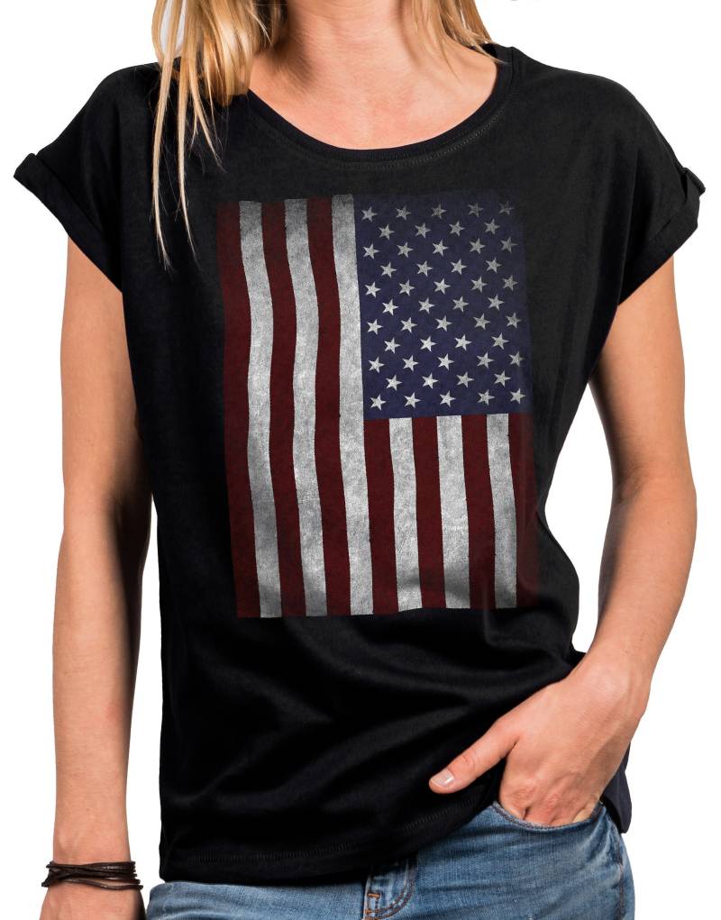 Vintage T-Shirt Damen Usa Flagge Sommer Top Oversize Look Print Amerika Fahne Tunika Style Schwarz Blau Grau Große Größen Xs-5Xl von MakayaShirts