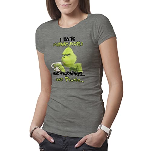 I Hate Morning People and Mornings and People Grinch and Coffee Lover Damen Grau T-Shirt Size M I Hate Morning People and Mornings and People Grinch and Coffee Lover Damen Grau T-Shirt Size M von Makdi