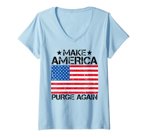 Damen Lass Amerika wieder säubern T-Shirt mit V-Ausschnitt von Make America Purge Again Distressed USA Flag