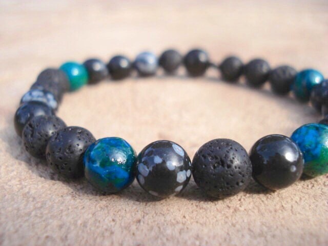 Lavastein Armband Schneeflocken-Obsidian & Petrol Quarzit Perlen Armband von MakeMeSmileJewelry