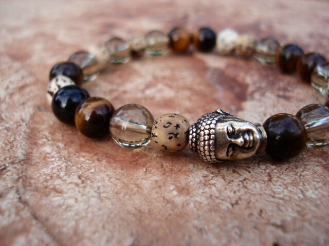 Tigerauge Buddha Armband Rauchquarz, Lotus Perlen von MakeMeSmileJewelry
