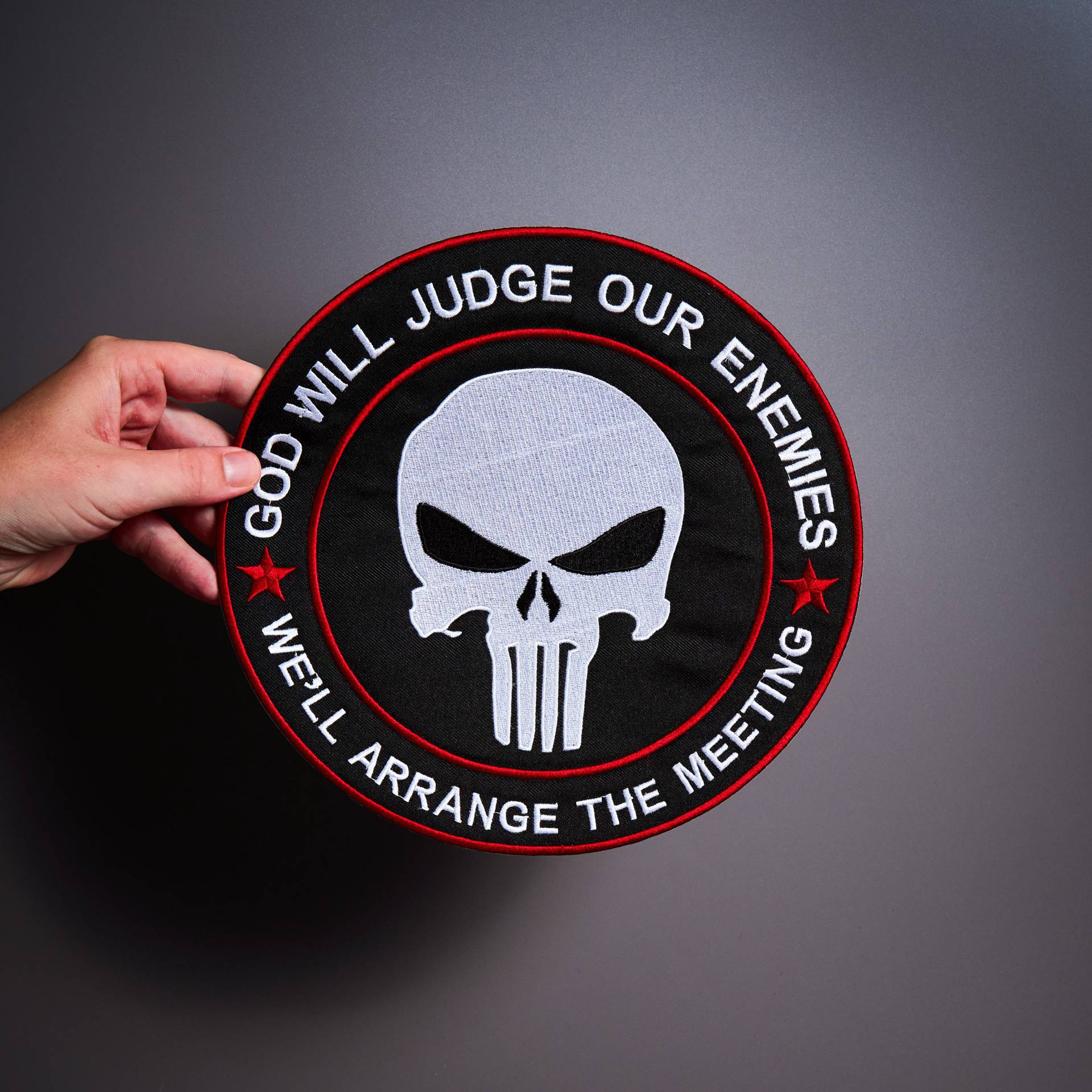 God Judge Skull Großer Rückenpatch Für Custom Bikerweste, Gott Wird Unsere Feinde Richten, Wir Arrangieren Das Treffen Patch Jacke von MakeMyPatchNow