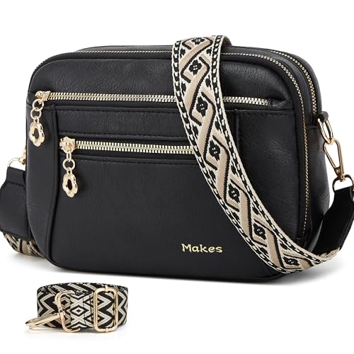 Umhängetasche für Damen, kleine Umhängetasche, trendiges veganes Leder mit verstellbaren Schultergurten, Geschenk für Mutter, Frau, Mutter, Schwarz Umhängetasche für Damen, kleine Umhängetasche, trendiges veganes Leder mit verstellbaren Schultergurten, Geschenk für Mutter, Frau, Mutter, Schwarz von Makes