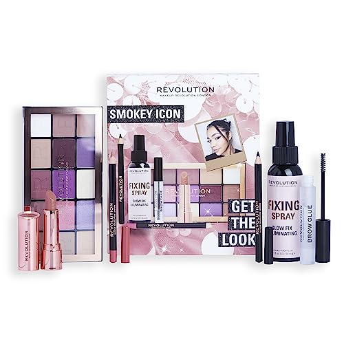 Revolution Get The Look Geschenkset Smokey Icon - Lidschattenpalette, Eyeliner, Lippenstift, Brow Glue & Setting Spray inklusive, Verschiedene Nuancen von Makeup Revolution