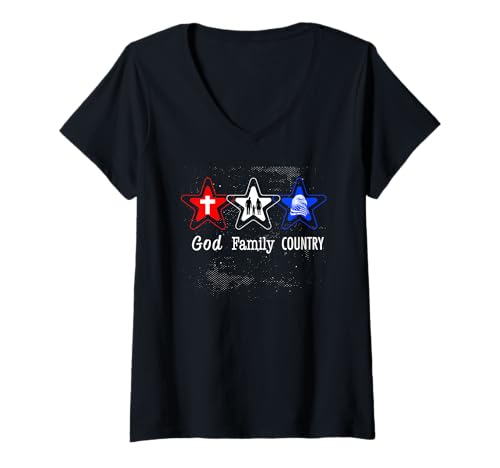 Damen Gott, Familie, Land T-Shirt mit V-Ausschnitt von Making God Smile Christian Apparel