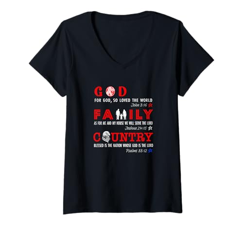 Damen Gott, Familie, Land T-Shirt mit V-Ausschnitt von Making God Smile Christian Apparel