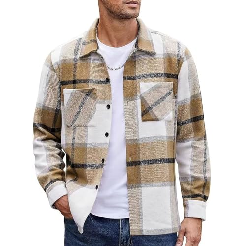 Flanellhemd Herren Langarm Kariertes Hemd Winter Dickes Warme Karohemd Button Down Flanellhemden mit Brusttasche Regular Fit Karo Flanell Freizeithemd Casual Kariert Shirt Jacke Khaki 3XL von MakingDa