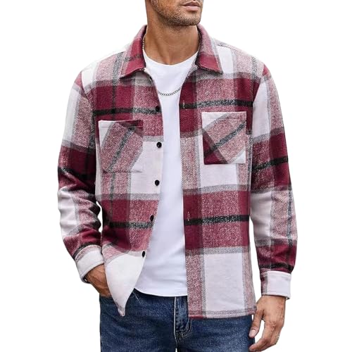 Flanellhemd Herren Langarm Kariertes Hemd Winter Dickes Warme Karohemd Button Down Flanellhemden mit Brusttasche Regular Fit Karo Flanell Freizeithemd Casual Kariert Shirt Jacke Rot 3XL von MakingDa