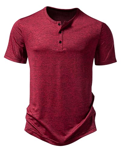 Hemd Herren Henley Shirt Sommerhemd Kurzarm Freizeithemd Leicht Casual Slim Fit Strand T-Shirt-Burgunderfarben-XXL von MakingDa