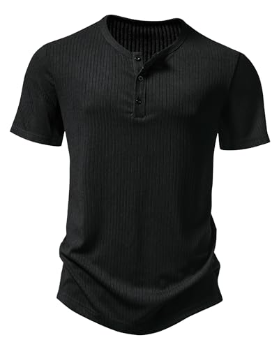 Hemd Herren Henley Shirt Sommerhemd Kurzarm Freizeithemd Leicht Casual Slim Fit Strand T-Shirt-X-Black-M von MakingDa