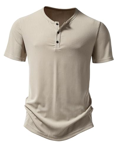 Hemd Herren Henley Shirt Sommerhemd Kurzarm Freizeithemd Leicht Casual Slim Fit Strand T-Shirt-X-Khaki-M von MakingDa