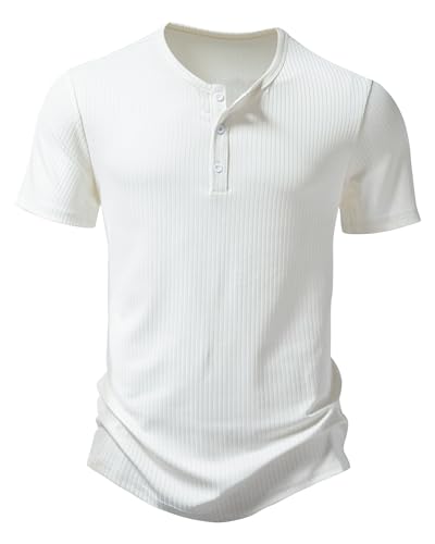 Hemd Herren Henley Shirt Sommerhemd Kurzarm Freizeithemd Leicht Casual Slim Fit Strand T-Shirt-X-Weiß-M von MakingDa