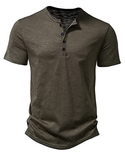 Hemd Herren Henley Shirt Sommerhemd Kurzarm Freizeithemd Leicht Casual Slim Fit Strand T-Shirt-Armee Grün-S von MakingDa