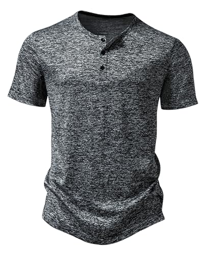 Hemd Herren Henley Shirt Sommerhemd Kurzarm Freizeithemd Leicht Casual Slim Fit Strand T-Shirt-Dunkelgrau-L von MakingDa