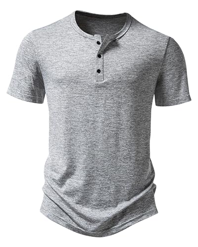 Hemd Herren Henley Shirt Sommerhemd Kurzarm Freizeithemd Leicht Casual Slim Fit Strand T-Shirt-Grau-XL von MakingDa