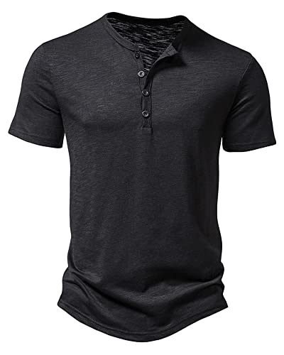 Hemd Herren Henley Shirt Sommerhemd Kurzarm Freizeithemd Leicht Casual Slim Fit Strand T-Shirt-Schwar-XL von MakingDa