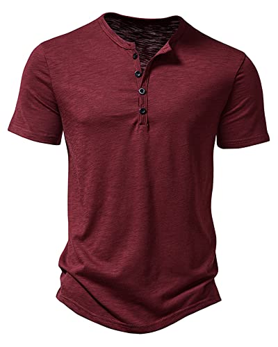 Hemd Herren Henley Shirt Sommerhemd Kurzarm Freizeithemd Leicht Casual Slim Fit Strand T-Shirt-Weinrot-M von MakingDa