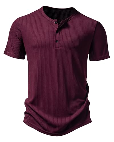 Hemd Herren Henley Shirt Sommerhemd Kurzarm Freizeithemd Leicht Casual Slim Fit Strand T-Shirt-X-Burgunderrot-M von MakingDa