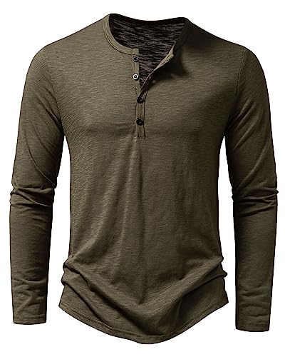 Hemd Herren Henley Shirt Sommerhemd Langarm Freizeithemd Leicht Casual Slim Fit Strand T-Shirt-Z-Armee Grün-L von MakingDa
