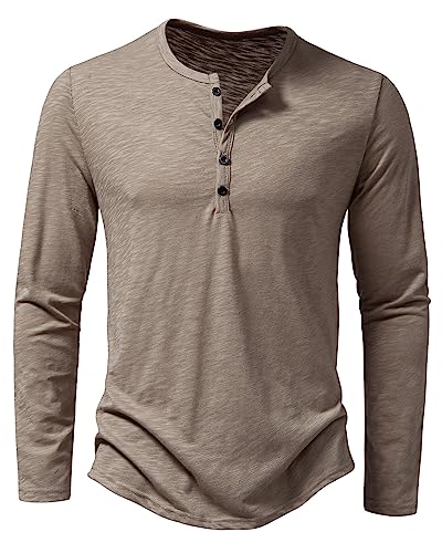 Hemd Herren Henley Shirt Sommerhemd Langarm Freizeithemd Leicht Casual Slim Fit Strand T-Shirt-Z-Khaki-L von MakingDa