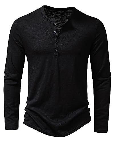 Hemd Herren Henley Shirt Sommerhemd Langarm Freizeithemd Leicht Casual Slim Fit Strand T-Shirt-Z-Schwarz-L von MakingDa