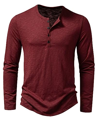 Hemd Herren Henley Shirt Sommerhemd Langarm Freizeithemd Leicht Casual Slim Fit Strand T-Shirt-Z-Weinrot-M von MakingDa