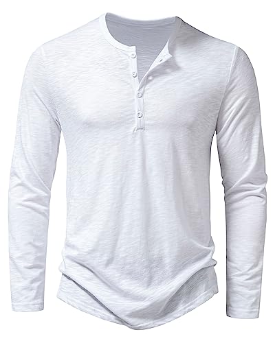 Hemd Herren Henley Shirt Sommerhemd Langarm Freizeithemd Leicht Casual Slim Fit Strand T-Shirt-Z-Weiß-XL von MakingDa