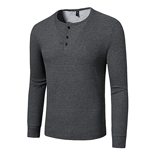 Henley Herren-T-Shirt, einfarbig, kragenlos, langärmelig, lässig, elegant, leicht, schmale Passform, Knopfleiste, Rundhalsausschnitt, dunkelgrau, L von MakingDa