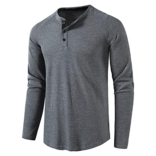 Henley Shirt Herren Langarm Basic Casual Slim Fit Langarmshirt Herren Tshirt mit Knopfleiste Männer 3 Knopf Grandad-Ausschnitt Waffle Longsleeve Oberteile DunkelGrau L von MakingDa