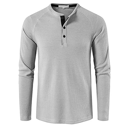 Henley Shirt Herren Langarm Basic Casual Slim Fit Langarmshirt Herren Tshirt mit Knopfleiste Männer 3 Knopf Grandad-Ausschnitt Waffle Longsleeve Oberteile HellGrau L von MakingDa
