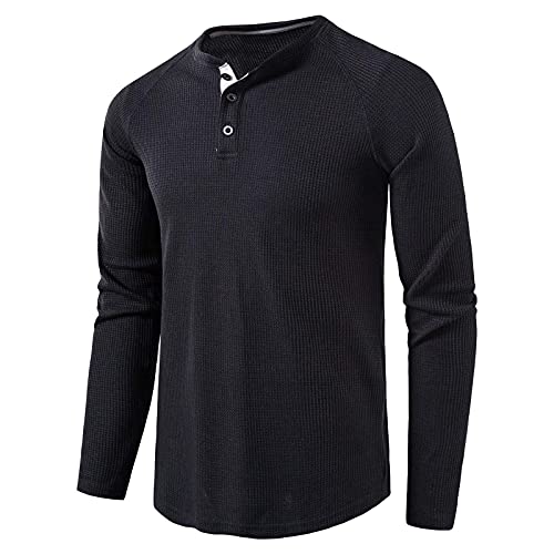 Henley Shirt Herren Langarm Basic Casual Slim Fit Langarmshirt Herren Tshirt mit Knopfleiste Männer 3 Knopf Grandad-Ausschnitt Waffle Longsleeve Oberteile Schwarz XL von MakingDa