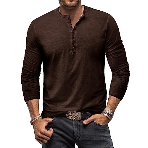 Henley Shirt Herren Langarm Vintage Langarmshirt Herren Baumwolle Knopf Longsleeve T-Shirt Männer Hemden Braun 3XL von MakingDa