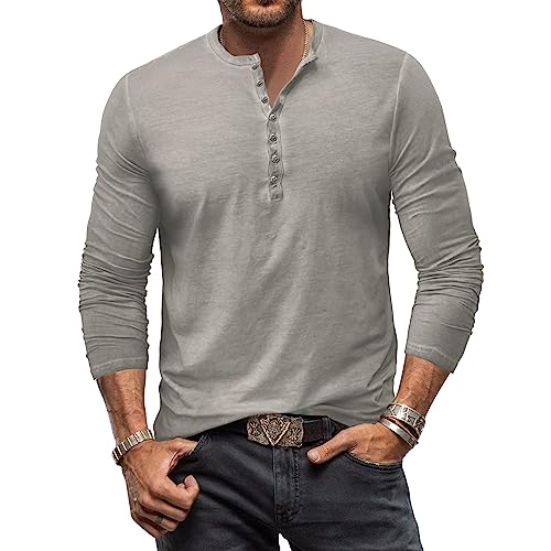 Henley Shirt Herren Langarm Vintage Langarmshirt Herren Baumwolle Knopf Longsleeve T-Shirt Männer Hemden Hellgrau 3XL von MakingDa