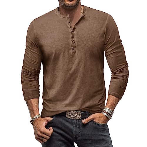 Henley Shirt Herren Langarm Vintage Langarmshirt Herren Baumwolle Knopf Longsleeve T-Shirt Männer Hemden Khaki XL von MakingDa