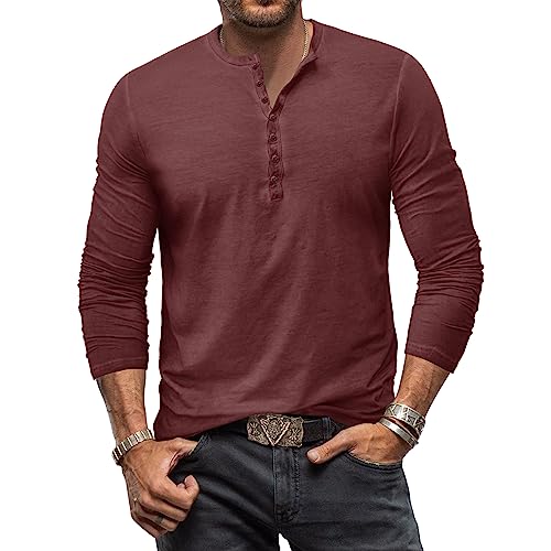 Henley Shirt Herren Langarm Vintage Langarmshirt Herren Baumwolle Knopf Longsleeve T-Shirt Männer Hemden Rotwein 3XL von MakingDa