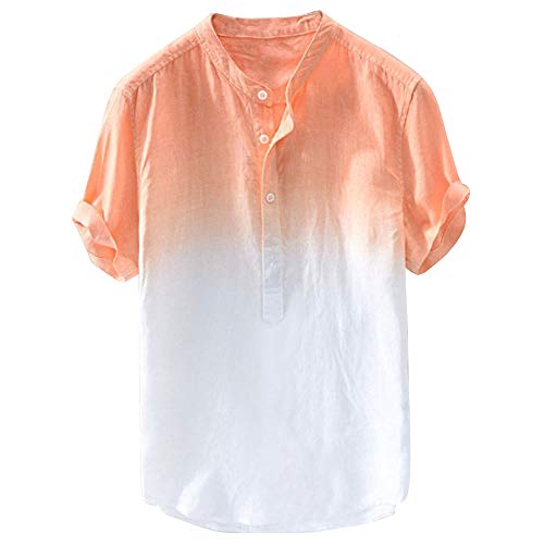 Henley-T-Shirt für Herren, mit Farbverlauf, kurzärmelig, lässig, leicht, kragenlos, Grandad, Knopfhemden, atmungsaktiv, Sommer-Lounge-Tops Bluse, Orange, L von MakingDa