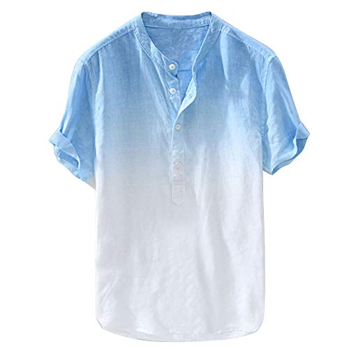 Henley-T-Shirt für Herren, mit Farbverlauf, kurzärmelig, lässig, leicht, kragenlos, Grandad, Knopfhemden, atmungsaktiv, Sommer-Lounge-Tops Bluse, blau, M von MakingDa