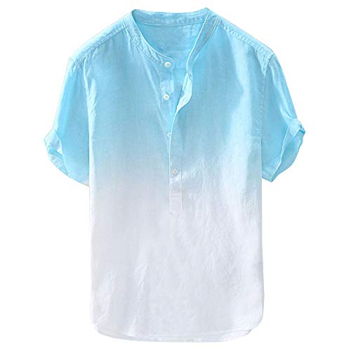 Henley-T-Shirt für Herren, mit Farbverlauf, kurzärmelig, lässig, leicht, kragenlos, Grandad, Knopfhemden, atmungsaktiv, Sommer-Lounge-Tops Bluse, hellblau, XL von MakingDa