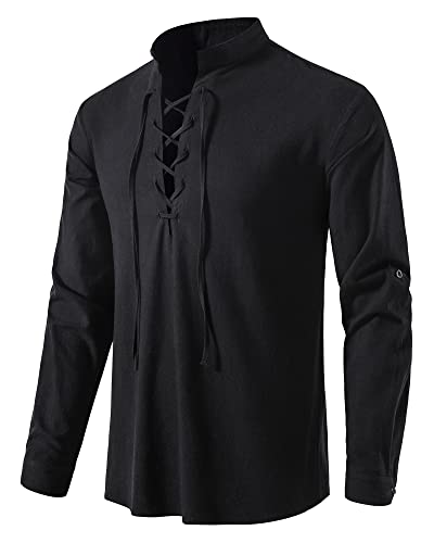 Herren Baumwolle Klassisch Schottisch Jacobit Ghillie Kilt Shirt Langarm Gemütliche Schnürung Piraten Shirts Mittelalter Vintage Kostüm Tops, A275-schwarz, S von MakingDa