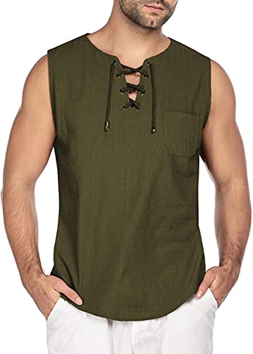 Herren Baumwolle Leinen Smart Casual Shirt Grandad Kragen Kordelzug Ghillie Hippie Henley Top, Ärmellos Armeegrün, M von MakingDa