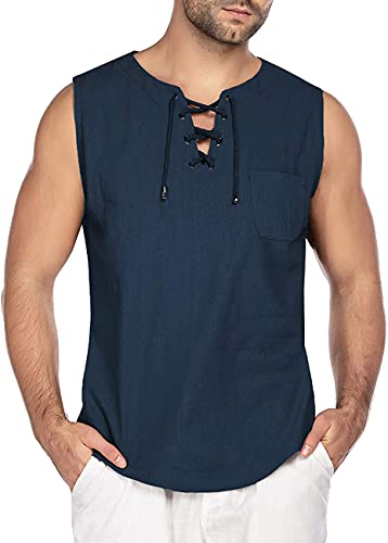 Herren Baumwolle Leinen Smart Casual Shirt Grandad Kragen Kordelzug Ghillie Hippie Henley Top, Dunkelblau Ärmellos, L von MakingDa