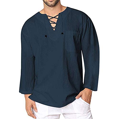 Herren Baumwolle Leinen Smart Casual Shirt Grandad Kragen Kordelzug Ghillie Hippie Henley Top, Langarm Dunkelblau, M von MakingDa