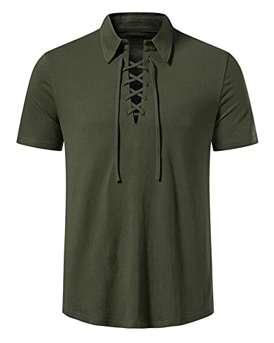 Herren Baumwolle Schnürhemden Traditioneller Retro Stil Sommer Casual Kurzarm Strand Shirt Tops, armee-grün, S von MakingDa