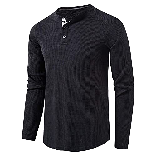 Langarmshirt Herren Henley Shirt Herren Langarm Waffle Knopf Longsleeve Henley T-Shirt Slim Fit Männer Casual Hemden Schwarz M von MakingDa