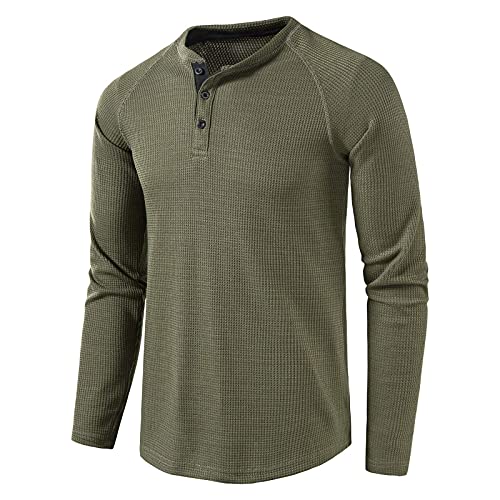 Henley Shirt Herren Langarm Basic Casual Slim Fit Langarmshirt Herren Tshirt mit Knopfleiste Männer 3 Knopf Grandad-Ausschnitt Waffle Longsleeve Oberteile ArmeeGrün M von MakingDa