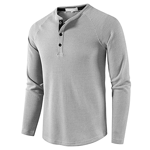 Henley Shirt Herren Langarm Basic Casual Slim Fit Langarmshirt Herren Tshirt mit Knopfleiste Männer 3 Knopf Grandad-Ausschnitt Waffle Longsleeve Oberteile HellGrau M von MakingDa
