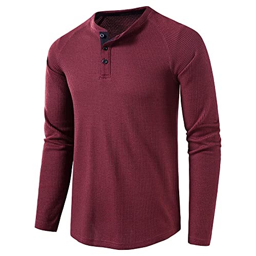 Langarmshirt Herren Henley Shirt Herren Langarm Waffle Knopf Longsleeve Henley T-Shirt Slim Fit Männer Casual Hemden Rotwein XXL von MakingDa